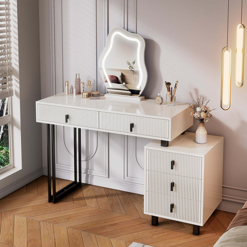 Adjustable-Length Vanity With Cloud LED Mirror - Modern Makeup Table With Storage Drawers & Side Cabinet, Ribbed Texture Design For Bedroom, Dorm & Small Spaces