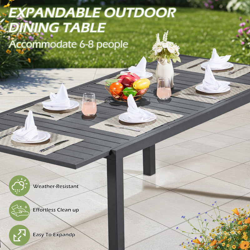 7 Piece Patio Expandable Table Dining Set, Outdoor Dining Table And Chairs Set For 4 To 8, 6 PVC-coated polyester Chairs, 1 Iron Expandable Dining Table, Patio Furniture Set For Deck, Backyard, Lawn, Poolside