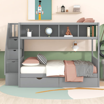 Twin Over Full Bunk Bed With Shelfs, Storage Staircase And 2 Drawers