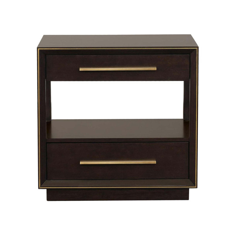 Élégante table de chevet à deux tiroirs avec tablette pour les chambres modernes, avec des poignées de tiroir métalliques allongées et un design structuré
