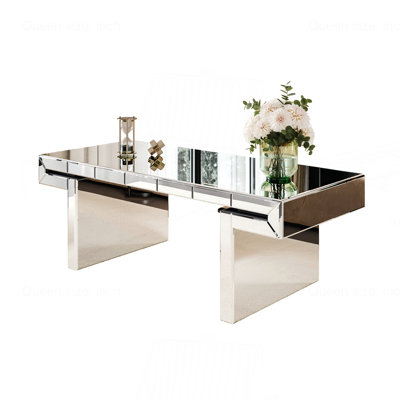 47 Inches Luxury Rectangular Mirror Coffee Table with Fluted Tempered Glass