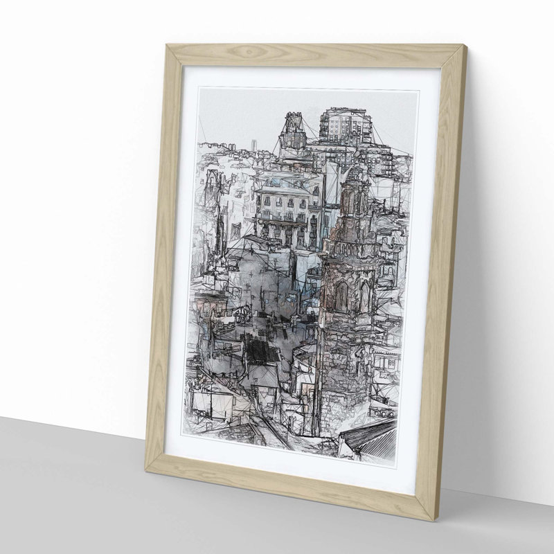 Valencia Skyline in Spain in Abstract - Framed Print, Oak, 76cm H x 50cm W x 2cm D