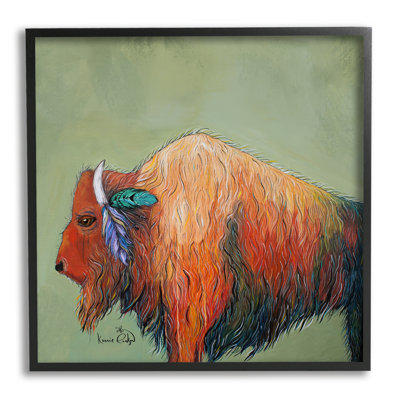 «Vivid Bison Hanging Feathers Horn», art de la giclée abstraite, art texturé par Karrie Evenson