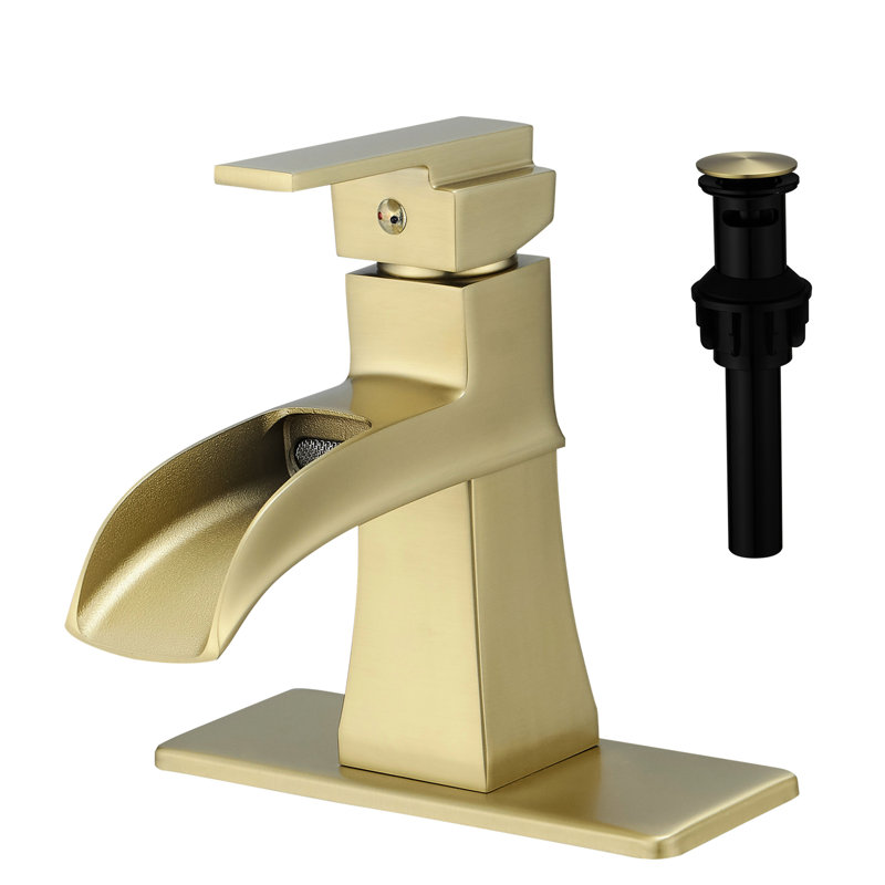 Bathroom Sink Waterfall Faucet, Brushed Gold Deck Plate, Pop Up Drain, Supply Lines, One Handle, Build Robust, Brushed Gold