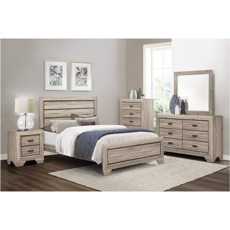 Ensemble de chambre à coucher avec lit plateforme Evynn, Naturel, Trois pièces : lit, commode et miroir, Grand
