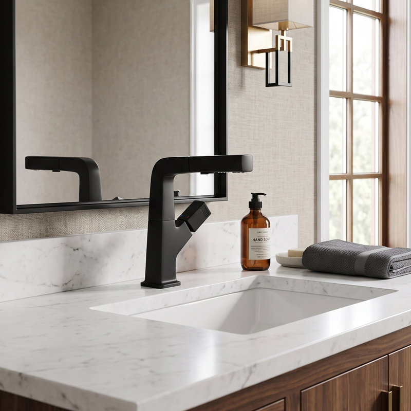  Robinet de lavabo de salle de bain monocorps à poignée simple avec ensemble de drain optionnel, Noir mat