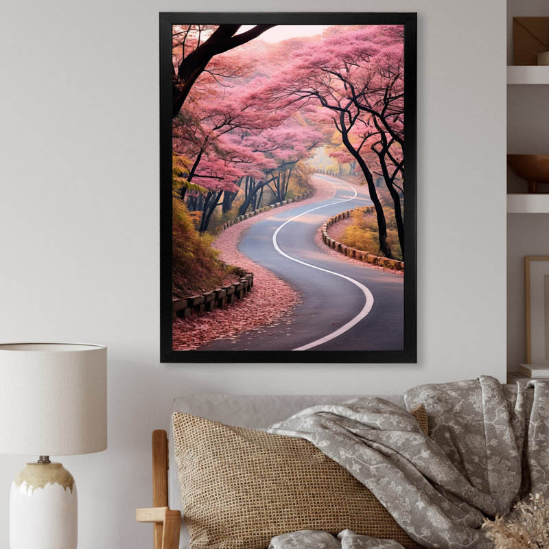 Route rose dans la forêt II, Cadre flottant blanc, H 32 po x l 16 po x P 1 po