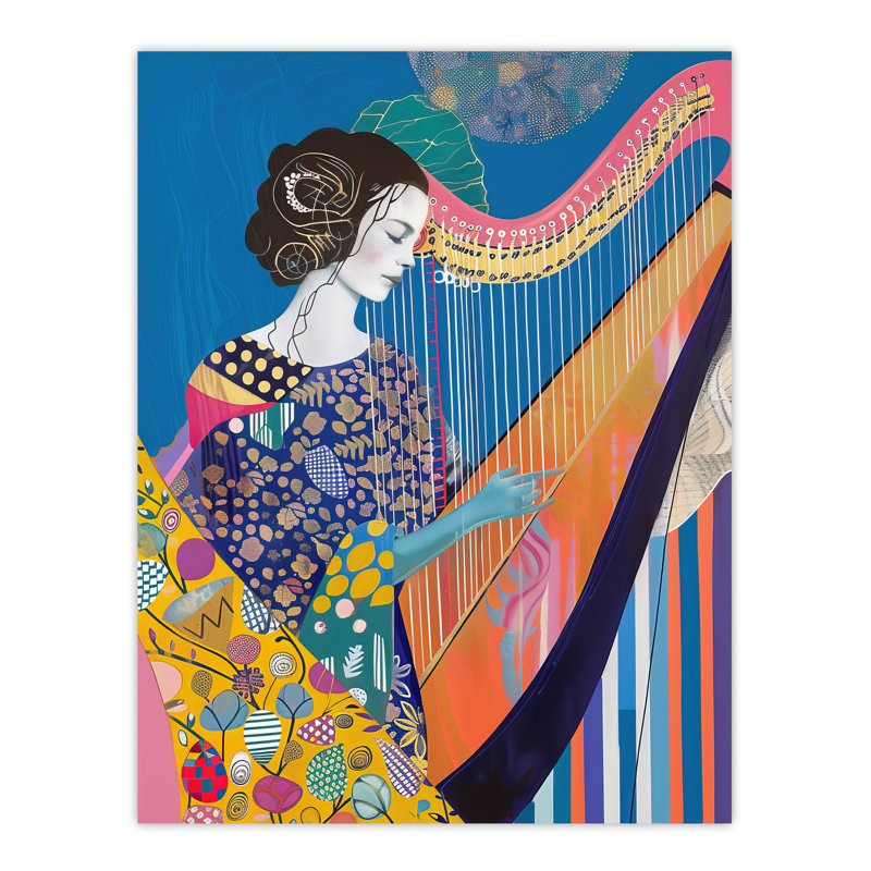 Harpist Playing Harp Music Batik Style Wall Art Print