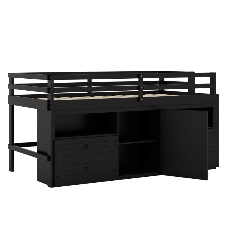 Twin Size Loft Bed with 4 Drawers, Underneath Cabinet and Shelves, Espresso