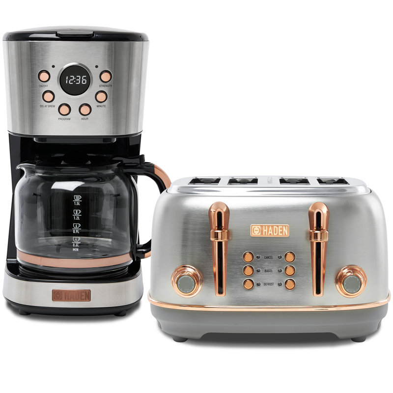 Haden Heritage 4 Slice Toaster and 12 Cup Coffee Maker Kitchen Set, Steel/Copper