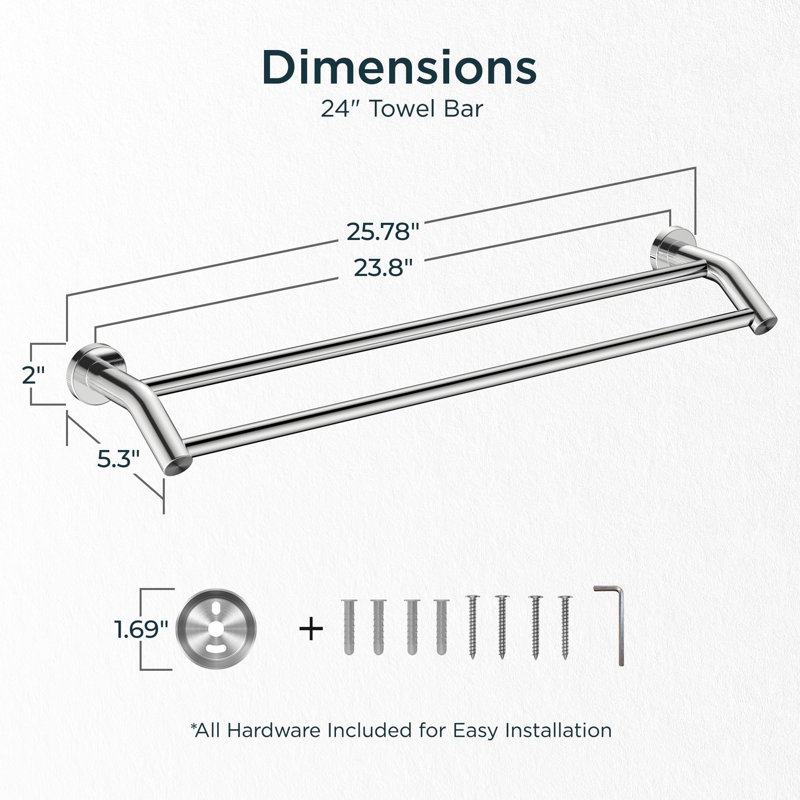 Barre à serviettes murale 24 po SUS304, 2" H x 25.8" L x 5.3" D, Chrome