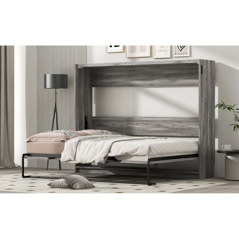 Lit double gris qui peut être plié dans une armoire, espace-cadre, structure en métal et, aucune boîte à ressorts nécessaire, projet d'assemblage facile, pliable facile à gérer pour plus de durabilité, support de lattes de bois