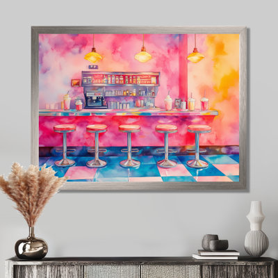 Pink Yellow Dinner counter 1950s I - Retro Picture Framed Wall Art