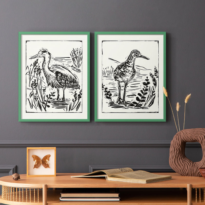 Linocut style Seabird I-Premium, reproduction encadrée prête à accrocher - aucun clou requis - aucun clou requis, Gris