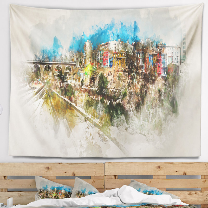 Tapisserie aquarelle de paysage urbain de Villajoyosa, H 68 po x l 80 po