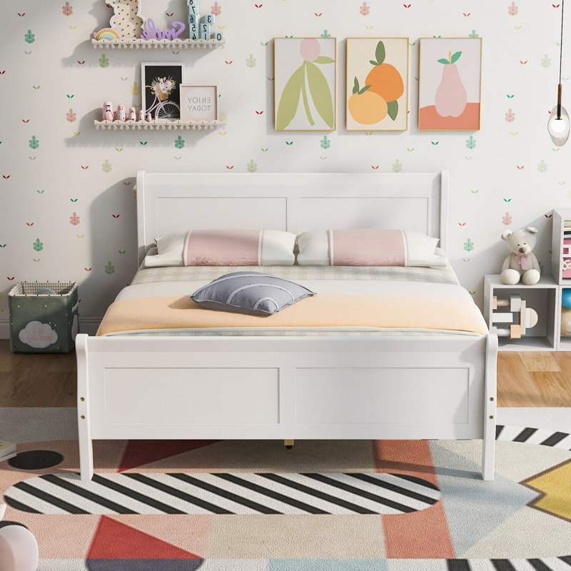 Wood Platform Bed With Headboard And Wooden Slat Support, White, Full
