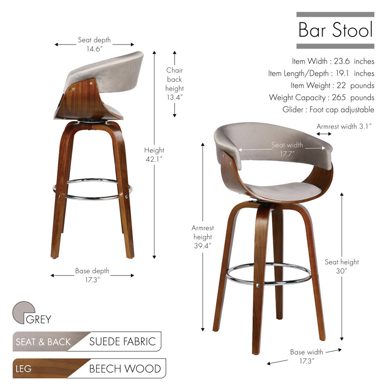 Tabouret de bar pivotant Brindley, Gris, Tabouret de bar (assise de 30 po de hauteur)