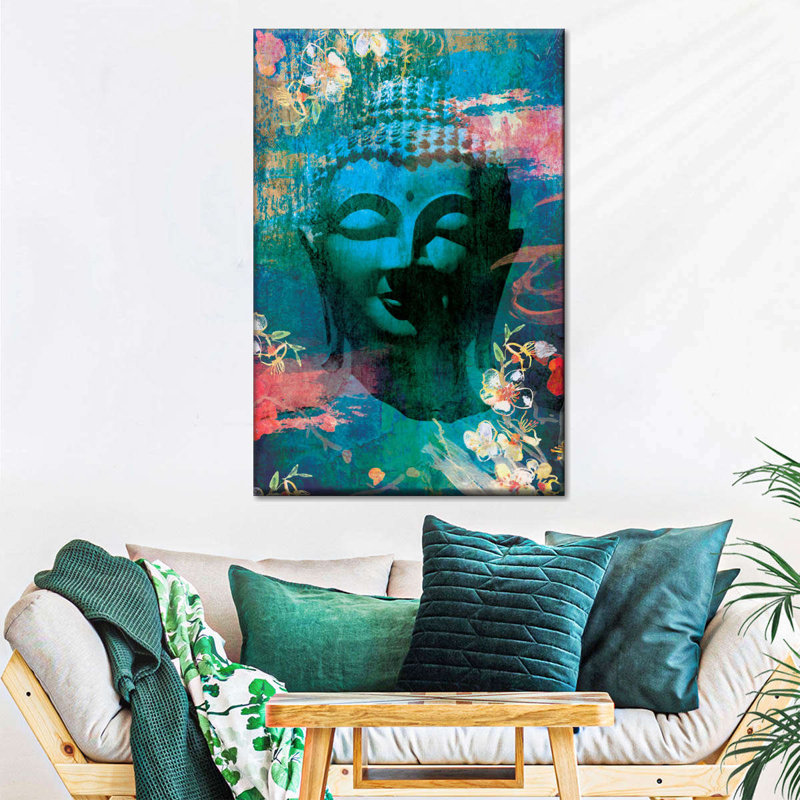 Tête de Bouddha fleurie I sur toile, H 30 po x l 20 po x P 1,25 po