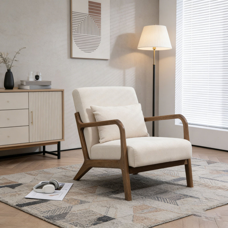 Chaise d'appoint moderne avec structure en bois, Lin de coton, Blanc antique
