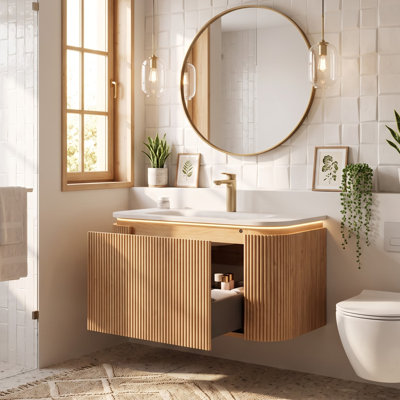 Meuble-lavabo flottant avec lumière à capteur et motif de travertin intégré