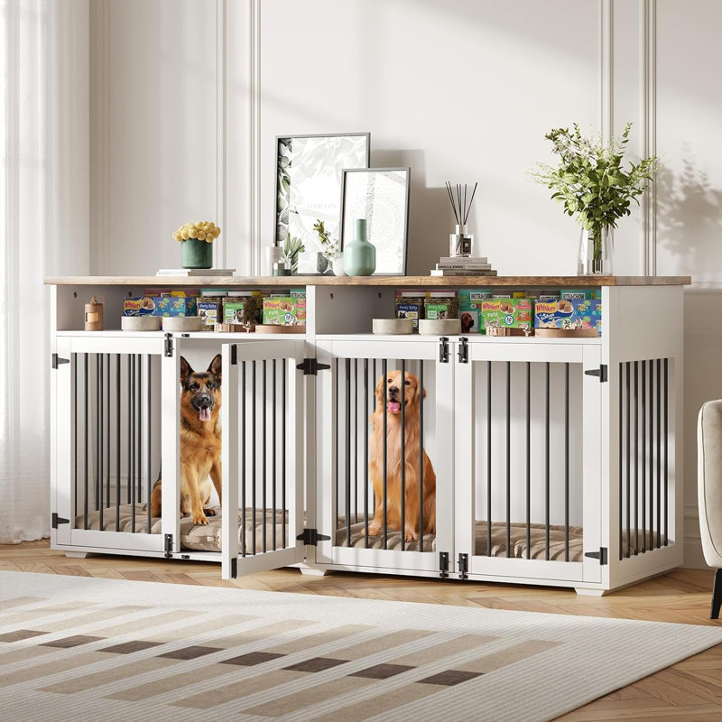 Meuble-cage pour chien, Blanc / Brun, H 35,03 po x l 72 po x P 23,62 po
