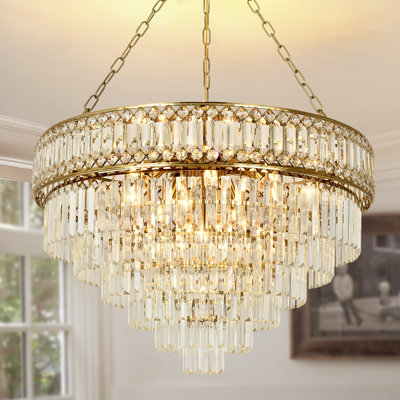15-Light Adjustable Crystal Chandelier, Copper Finish – 3-Color Switchable, 22.8"-59.2" Height, Sloped-Ceiling Ready