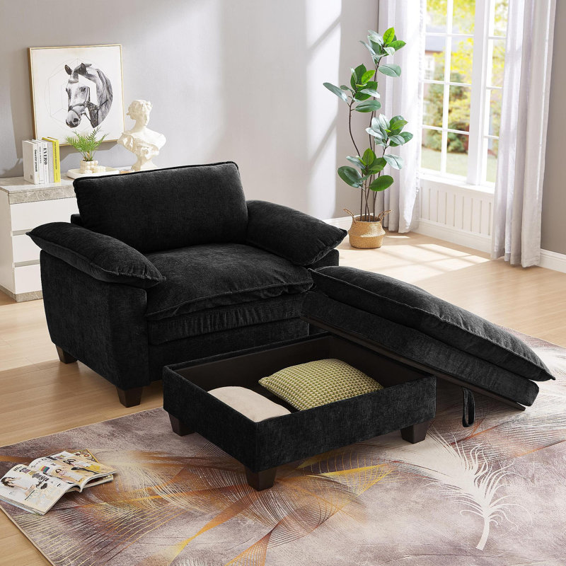 Méridienne surdimensionnée de 51 po avec repose-pieds et rangement en chenille douce noire, Noir