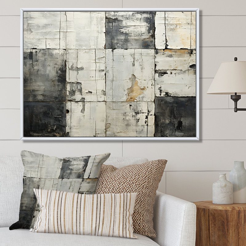 Carreau abstrait gris et gris II, Cadre flottant brun, H 24 po x l 32 po x P 1 po