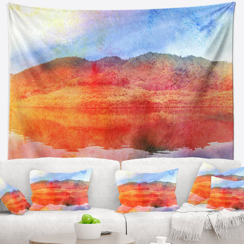 Tapisserie aquarelle rouge ile rétro Landscape, H 32 po x l 39 po