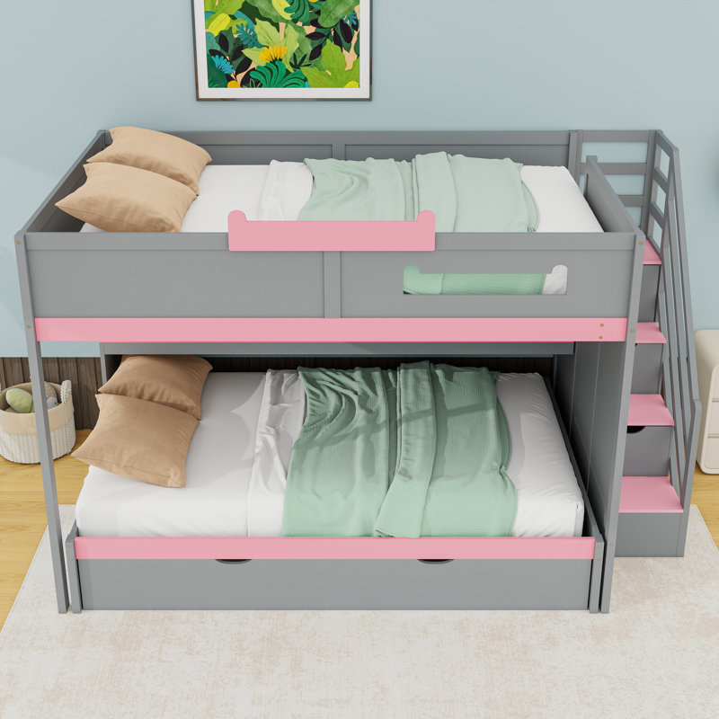 Lit superposé double en bois avec lit gigogne simple, tablettes, lumière DEL et escalier, Gris