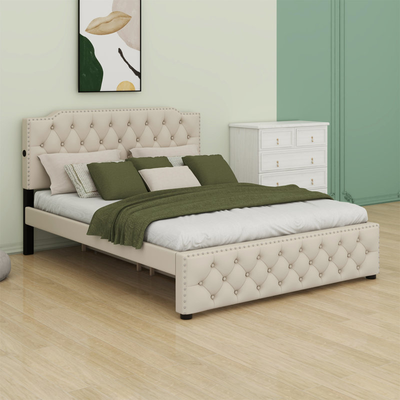 Lit plateforme tapissier avec lit gigogne et 2 ensembles de ports USB, Beige