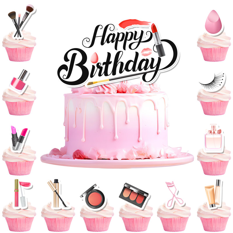 Décorations pour gâteaux de maquillage, 24 pièces de petits gâteaux de maquillage / petits gâteaux de fête de maquillage + 1 pièce de gâteau pour thème de maquillage