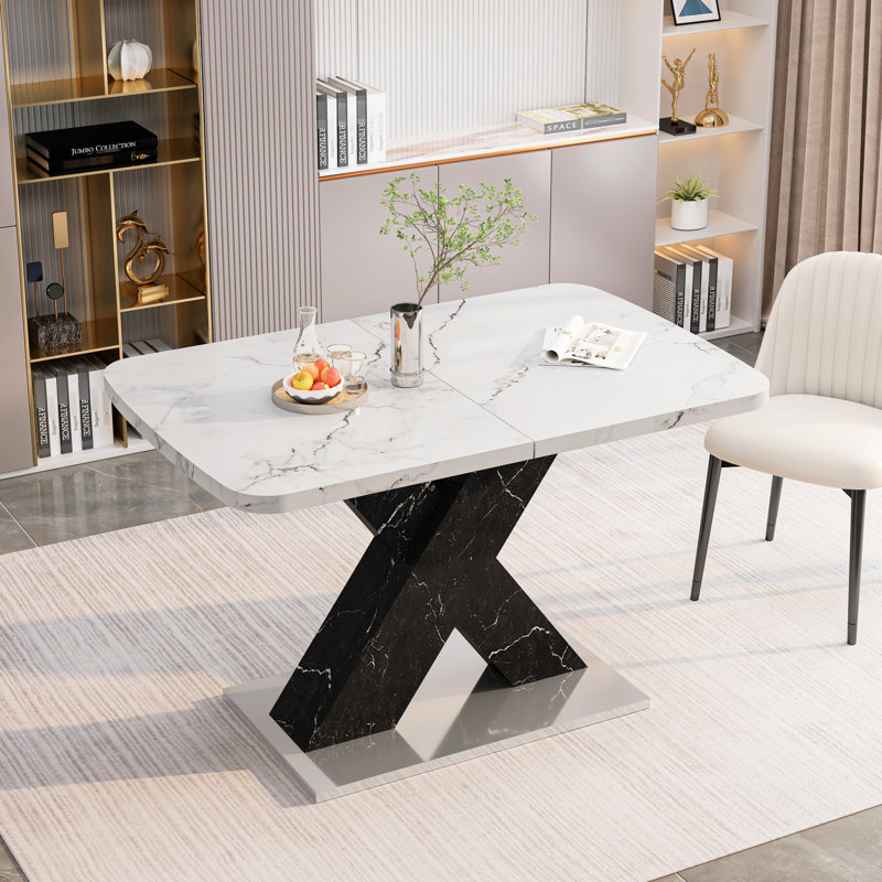 Table de salle à manger blanche aspect marbre - moderne carrée, extensible, pieds noirs avec base en métal, plateau extensible carré avec poids net de 85,53 lb + assemblage et entretien faciles