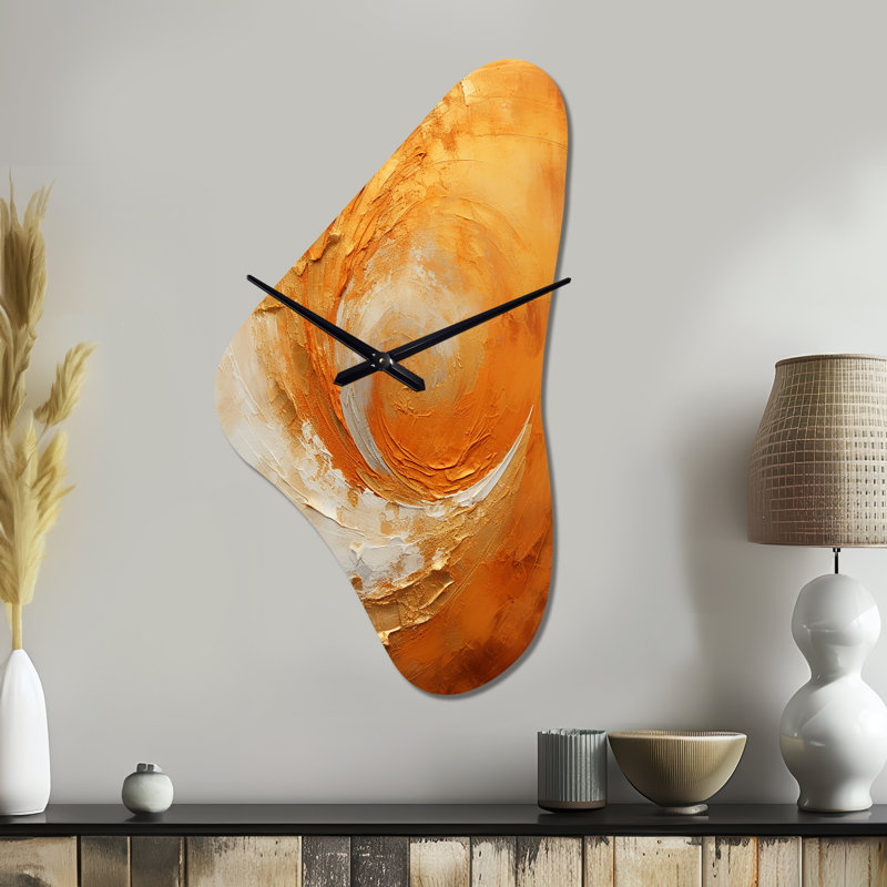 Horloge murale spirale abstraite dorée et orange, Moyenne