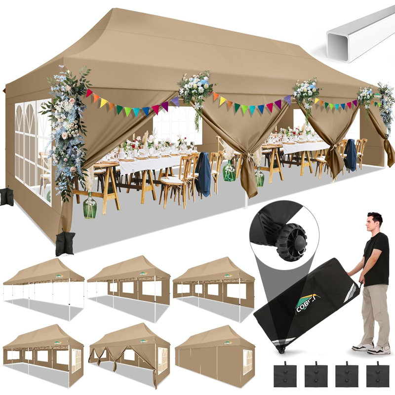 10x30 Pop Up Canopy Tent with 8 Removable Sidewalls, Easy Setup Canopy, Khaki