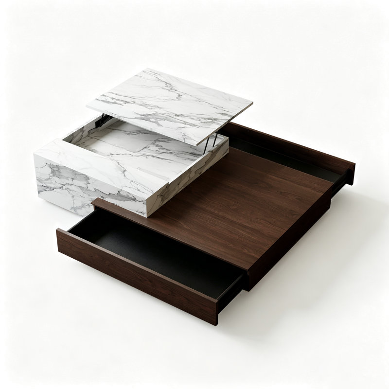 Table basse moderne avec plateau relevable avec 2 tiroirs de rangement et un compartiment caché, fini noyer et aspect pierre
