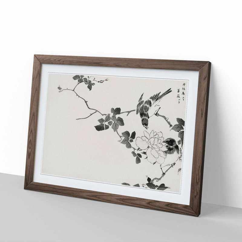 Robin Birds & White Lotus by Numata Kashu - Picture Frame Painting Print, 50cm H x 76cm W x 2cm D, Walnut