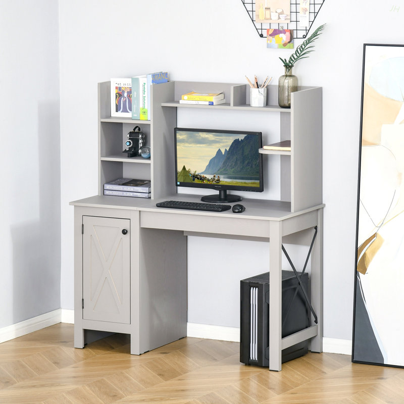Bureau d'ordinateur de ferme avec huche et armoire, bureau à domicile avec rangement, pour bureau, gris clair, Gris clair