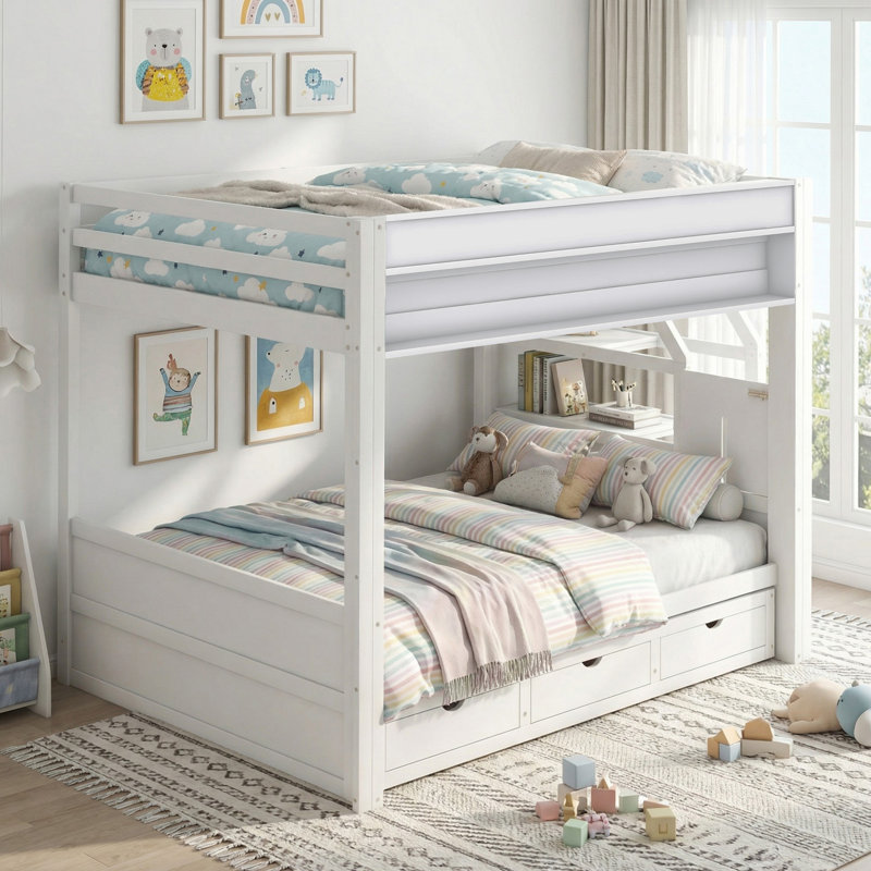 Lit superposé double au-dessus de double en bois massif avec escalier de rangement, table de chevet et 3 tiroirs pour la chambre à coucher