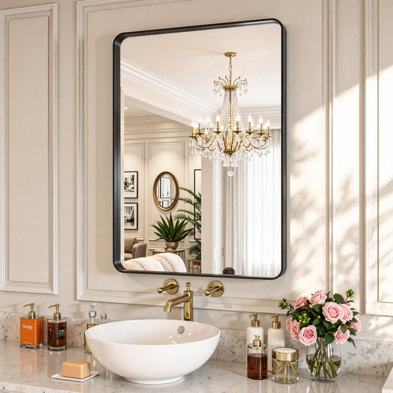 Miroir de salle de bain rectangulaire arrondi de 1,18 po avec cadre en alliage d'aluminium et verre trempé de qualité supérieure Lunara