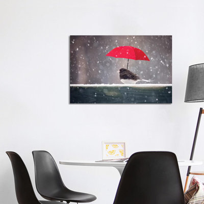 Junco And Umbrella by Karen Burke - Wrapped Canvas Print