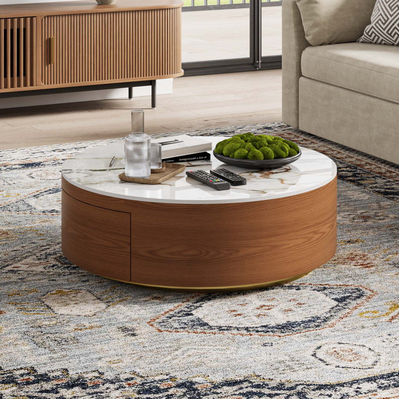  Drum Coffee Table, Sintered Stone Top, 2 Solid Wood Drawers, Fully-Assembled, 14.17" H x 39.37" W x 39.37" D, Brown