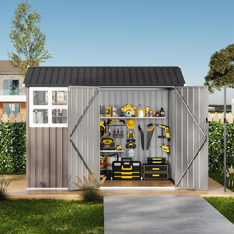 6' x 8' Outdoor Metal Storage Shed with Windows and Lockable Doors, Heavy-Duty Garden Tool Shed for Backyard, Lawn, and Poolside