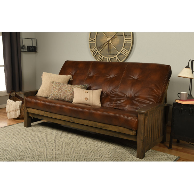 Stratford Queen 87" Wide Faux Leather Tufted Back Futon and Mattress, Oregon Trail Saddle Faux Leather