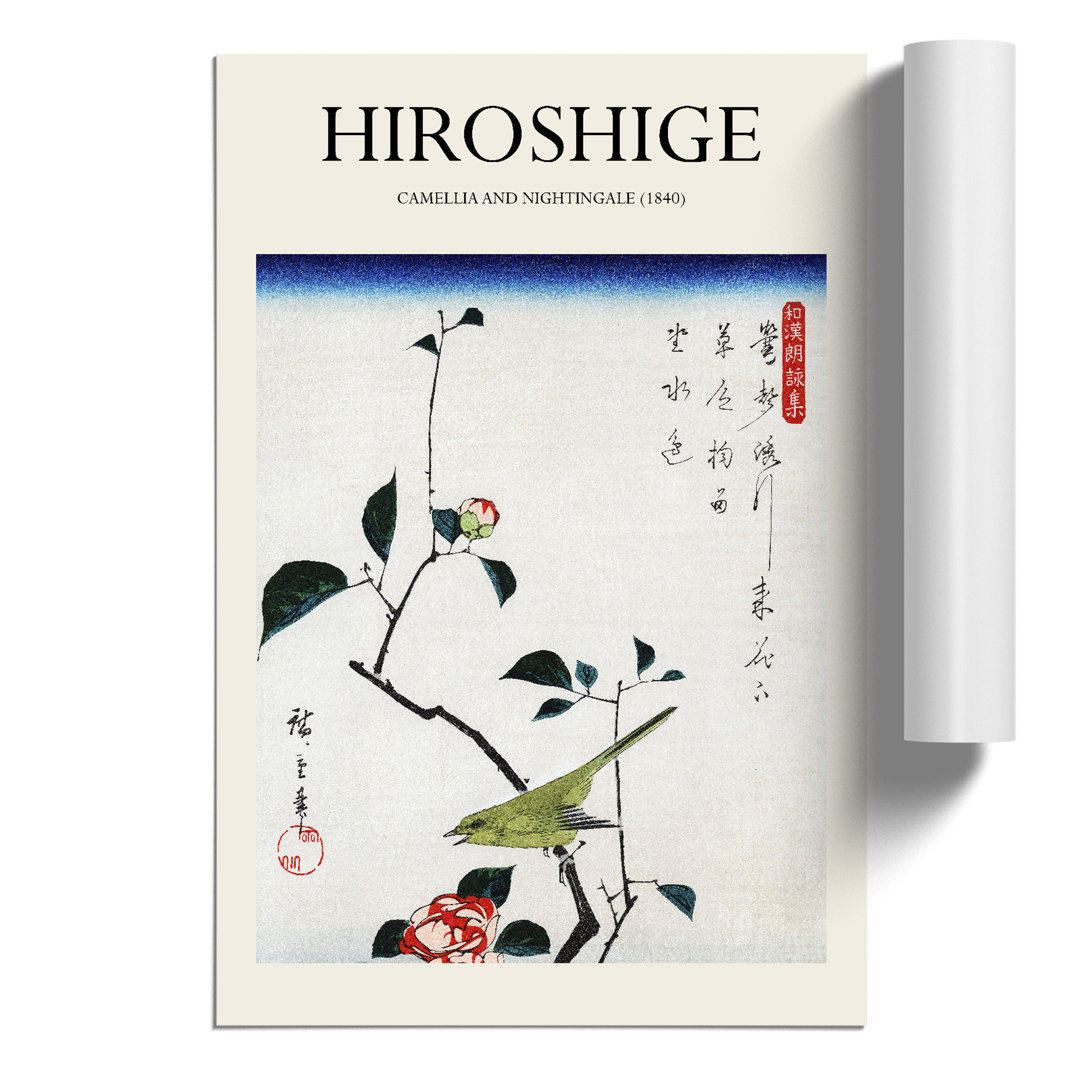 Camellia & a Nightingale Print by Utagawa Hiroshige - Frameless Print