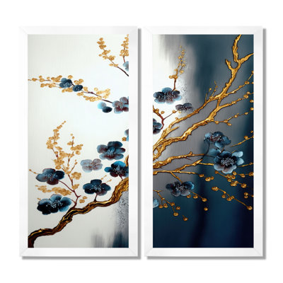 Blue Cherry Blossom Branch - Tree Bonsai Canvas Art, Blue Landscapes Wall Art 2 Piece