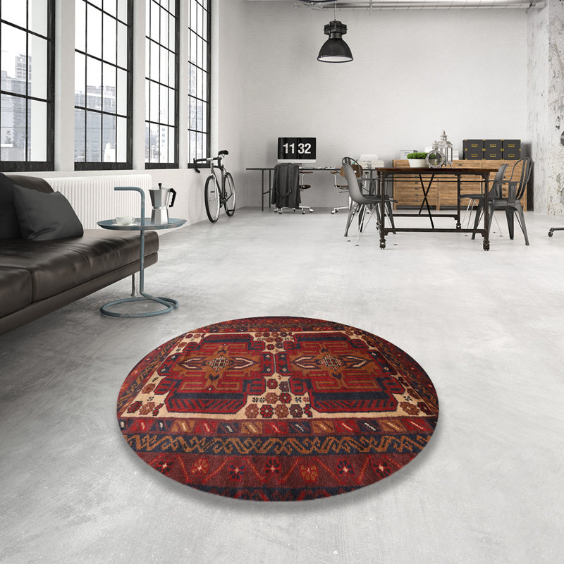 Tapis traditionnel rouge / bleu, Rond 4 pi