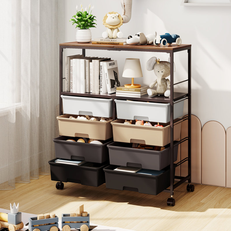 8 Drawers Rolling Storage Cart with Wooden Top,Plastic Storage Drawers,Rolling Cart with drawers,Drawer with Lockable Wheels