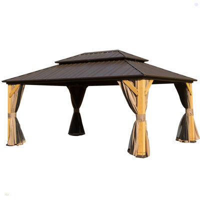 Cedar Wood Gazebo, Solid Wood Hardtop Gazebo With Galvanized Steel Double Roof, Netting & Curtains, Outdoor Gazebo For Patio, Backyard, Deck, Lawns