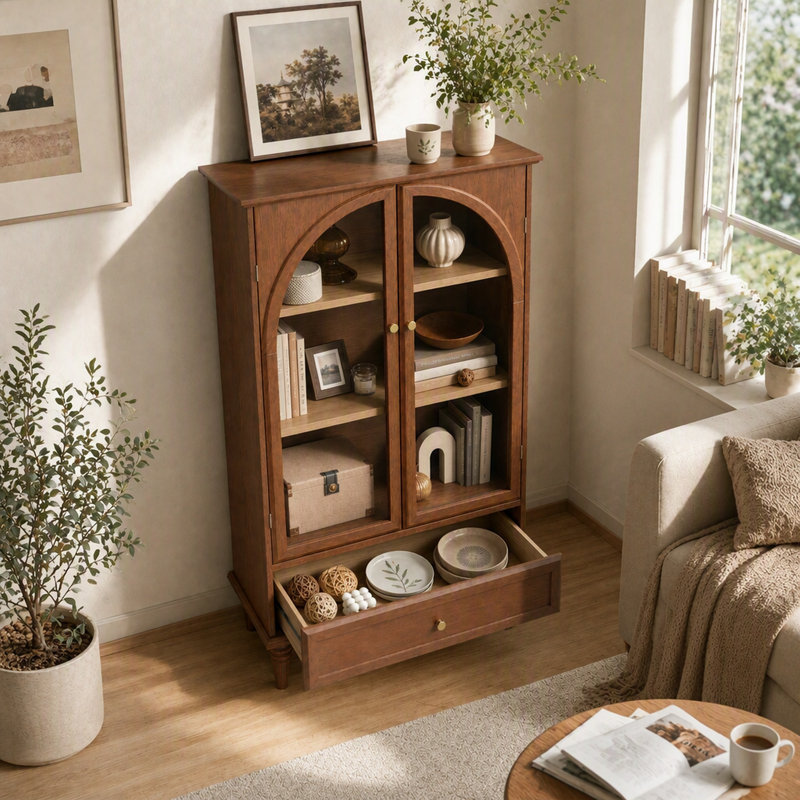 Vitrine d'appoint vintage de style campagnard avec étagères et tiroir réglables, en MDF plaqué bois véritable, avec pieds en bois massif.